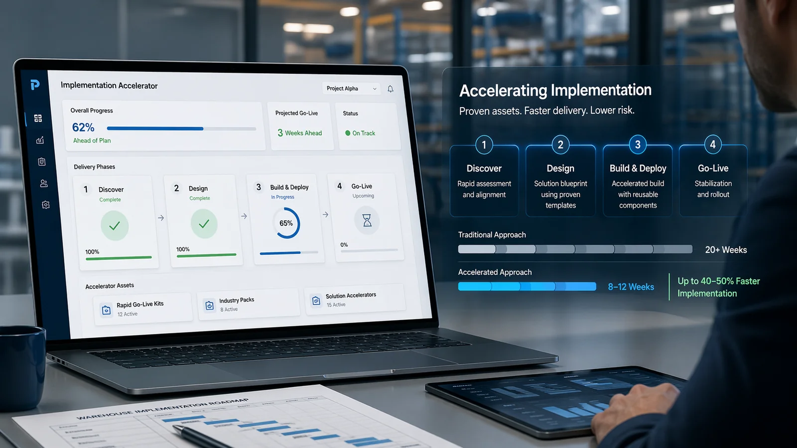 SmartAcceleration: Implementation Accelerator dashboard with Discover → Design → Build & Deploy → Go-Live phases and 40–50% faster implementation