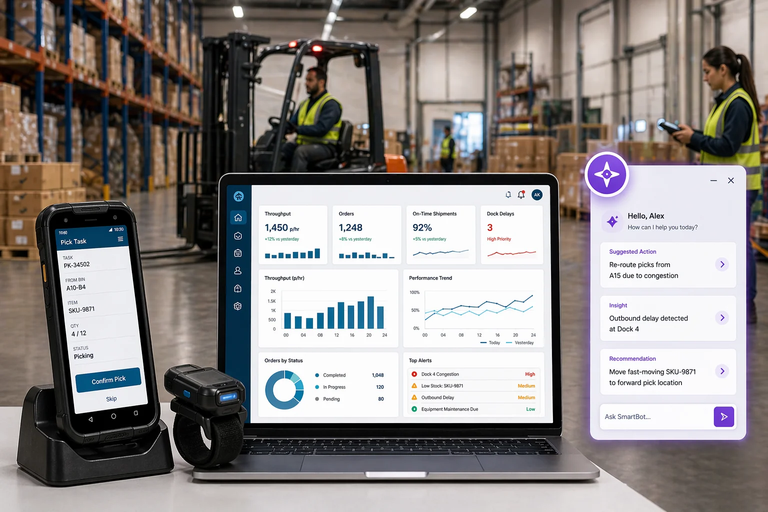 SmartExecution: RF device, SmartCenter dashboard, and SmartBot AI assistant in a live warehouse