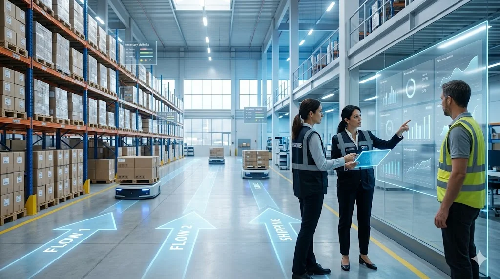 Modern warehouse with team reviewing analytics, AMR robots and flow arrows on the floor