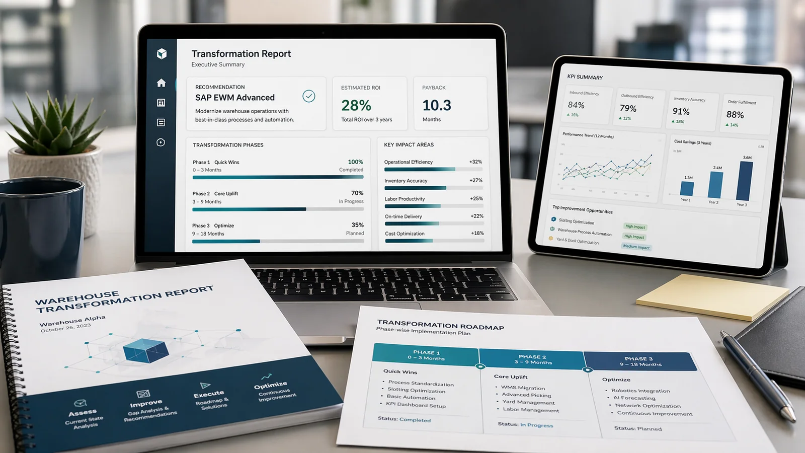 WarehouseX deliverables on a desk: Transformation Report dashboard on laptop, KPI Summary on tablet, printed Warehouse Transformation Report and Transformation Roadmap